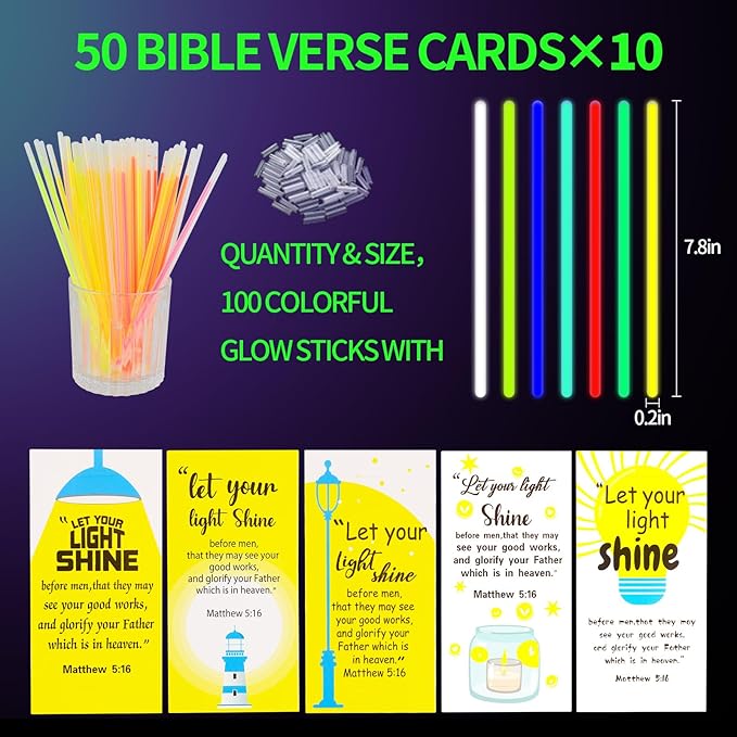 LiYiQ 50 Packs Christian Gifts Cards with 100 Glow Sticks Let Your Light Shine Cards with Glow Sticks Religious Bible Verse Cards for VBS Sunday School Supplies (Christian)