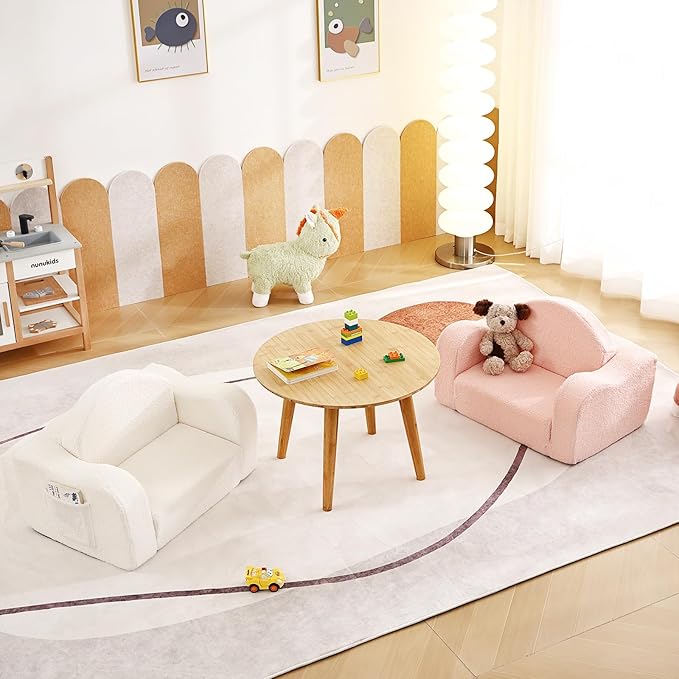 Tiita Kids Chairs for Toddler, 2-in-1 Toddler Soft Sherpa Couch Fold Out, Convertible Sofa to Lounger for Girls and Boys, Beige