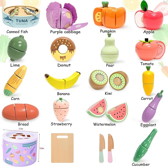 WHOHOLL 42 Pcs Play Food Set for Play Kitchen Accessories, Wooden Toys Pretend Cutting Food, Montessori Fruit and Veggies Christmas Birthday Gifts for Toddlers 3+ Years Old Girls Boys