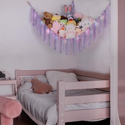 Stuffed Animal Hammock with LED Lights - 59 Inch Large Toy Storage Net for Kids Bedroom, Wall-Mounted Plush Organizer with Wooden Rings, Nursery Decor (Handwoven, Purple)