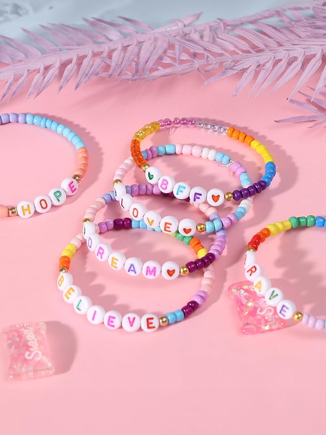 Lorfancy 24Pcs Beaded Bracelets for Girls Kids Toddler Jewelry Letter Beads Bracelet Bulk Rainbow Friendship Bracelets Colorful Princess Party Favors for Little Girls Ages 3 4 5 6 Years Old