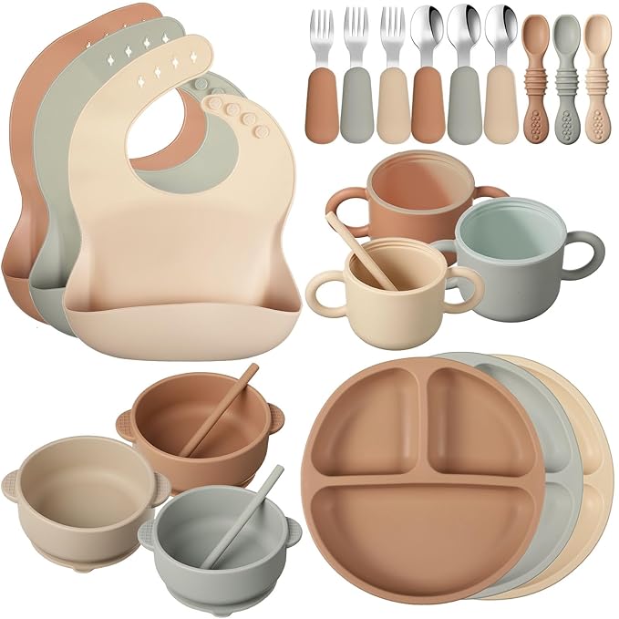 24 Pack Silicone Baby Feeding Set Baby LED Weaning Supplies Includes Suction Divided Plates Soft Bowl Spoons Forks Adjustable Bib Snack Cup and Straws(Walnut Color, Beige, Smoky Gray)