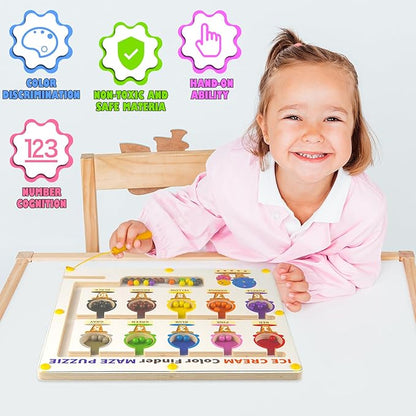 Magnetic Color and Number Maze, Wooden Color Matching Learning Counting Magnet Puzzle Board Montessori Toys, Toddler Educational Fine Motor Skills Learning Toys for Boys Girls 3+ Years Old