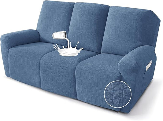 MAXIJIN Waterproof Recliner Couch Cover 5 Pieces Recliner Sofa Covers 3 Seater, Reclining Couch Furniture Protector with Elastic Straps & Pockets for Pet, Kids (Sofa Recliner, Dusty Blue)