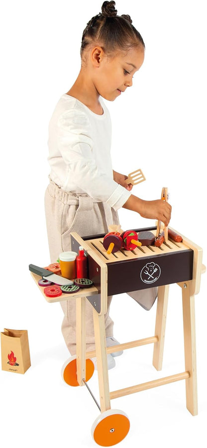 Janod - J06619 Wooden Barbecue - Imitation Kitchen and Dinette Toy for Children - 57 Accessories Included - 2 Silent Wheels - Ages 3 and Above