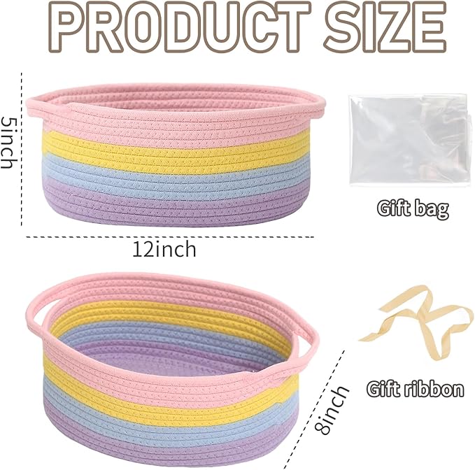 JMvicyroam Woven Basket,Small Rope Storage Bin with Handles & Ribbon Bag, Organizer for Shelves Closets,Gift Basket Empty for Birthday,Books,Dog Toys, Rainbow/3 Pack