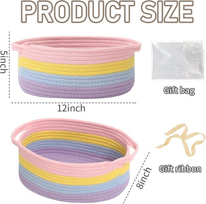 JMvicyroam Woven Basket,Small Rope Storage Bin with Handles & Ribbon Bag, Organizer for Shelves Closets,Gift Basket Empty for Birthday,Books,Dog Toys, Rainbow