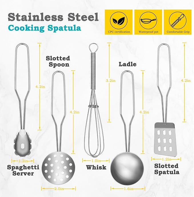 12Pcs Kids Pots and Pans Playset, Pretend Play Kitchen Set Toy Stainless Steel Pots and Pans Cooking Toys Accessories for Kids Toddler Age 3 Years Old