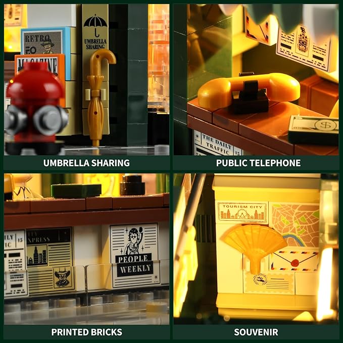 FUNWHOLE Newsstand Lighting Building Bricks Set - City Town Life Newsstand LED Light Construction Building Model Set 556 Pcs for Adults and Teen