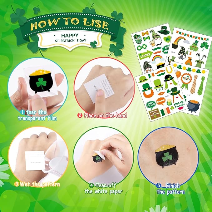 St.Patrick's Day Accessories Set, Saint Patrick Day Accessories Including Necklaces, Green and Gold Coins, Mustache, Rubber Wristbands, Badges, Tattoo Stickers for Irish Day Party Supply