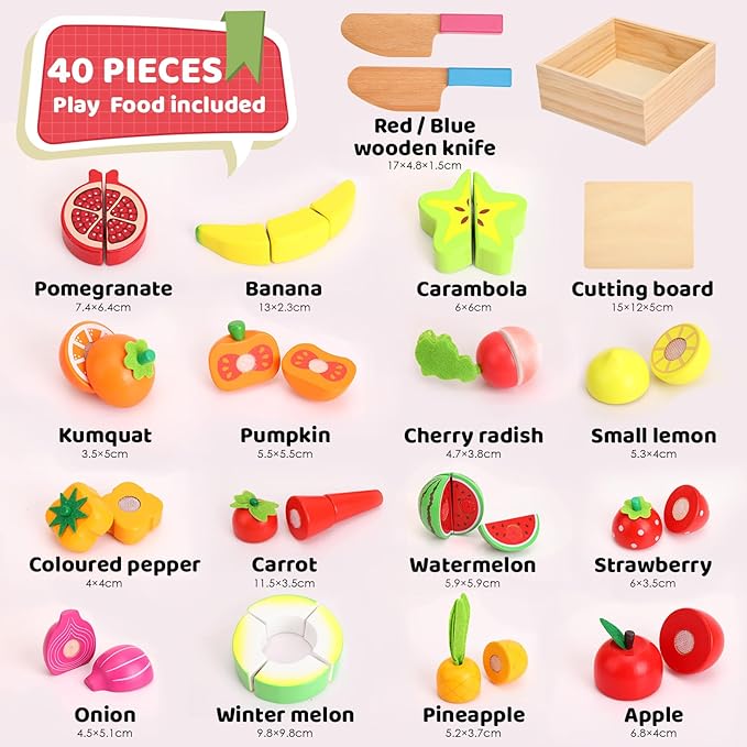 Holicolor 40pcs Wooden Play Food, Play Food Sets for Kids Kitchen Pretend Cutting Play Food for Toddlers 1-3