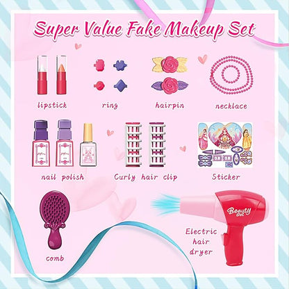 Pretend Play Girls Makeup Table Set with Stool，Open Doors by Gestures，Kids Vanity Set with Lights and Music，Toddler Beauty Salon Set with Makeup Accessories & Hair Dryer，Toy for Toddlers 2-5 Years Old