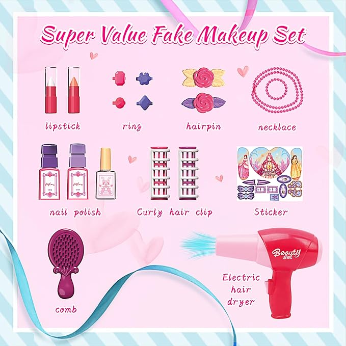 Pretend Play Girls Makeup Table Set with Stool，Kids Vanity Set with Lights and Music，Toddler Beauty Salon Set with Makeup Accessories & Hair Dryer Toy，Best Birthday Gifts for Toddlers 2-5 Years Old