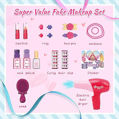 Pretend Play Girls Makeup Table Set with Stool，Kids Vanity Set with Lights and Music，Toddler Beauty Salon Set with Makeup Accessories & Hair Dryer Toy，Best Birthday Gifts for Toddlers 2-5 Years Old