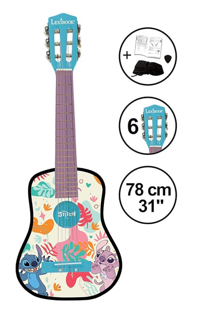 Lexibook, Disney Stitch, My First Wooden Acoustic Guitar, 6 Nylon Strings, 78 cm (30"), Learning Guide, Pick and Strap Included, Blue, K2000D