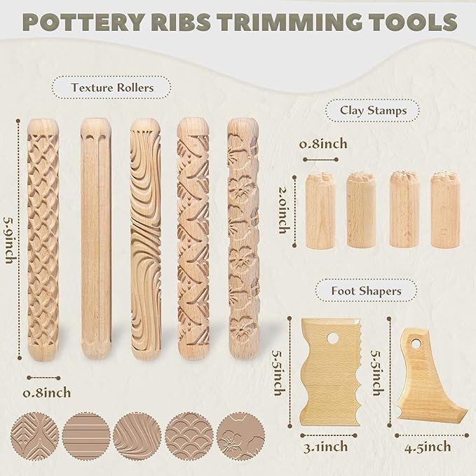 11Pcs Clay Pottery Tools Kit with 5 Clay Texture Rollers, 4 Clay Stamps, 2 Foot Shapers Pottery Ribs Trimming | All-in-One Ceramic Carving Set for Clay Molding & Sculpting & Ceramics