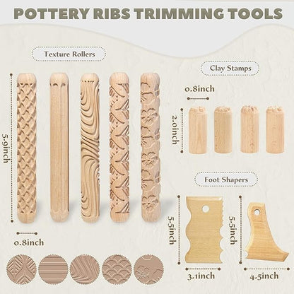 11Pcs Clay Pottery Tools Kit with 5 Clay Texture Rollers, 4 Clay Stamps, 2 Foot Shapers Pottery Ribs Trimming | All-in-One Ceramic Carving Set for Clay Molding & Sculpting & Ceramics