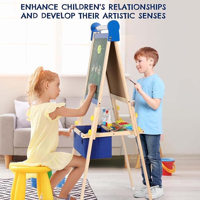 Kids Easel 3-1,Magnetic Chalkboard & Whiteboard, Paper Painting, Big Storage with Canvas Bag, Painting Sets with Finger Paints,Chalks,Brushes,Number Letters Magnets, Apron, Gift for Kids, Blue