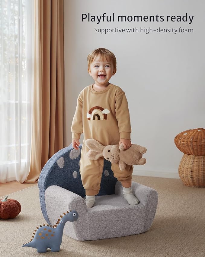 Blissful Diary Toddler Chair Comfy, Foam Kids Chair with Soft Teddy Plush, Toddler Reading Chair with Cute Mushroom Designs- Blue