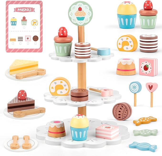 Play Food Sets for Kids Kitchen, Wooden Play Food Including Three-Tier Cake Stand, 22 Pcs Wooden Food Toys, Toddler Girl Toys