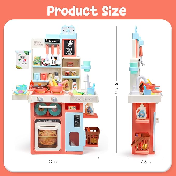 HOLYFUN Kids Kitchen Playset, Kitchen Set for Toddler with Sound and Light, Cooking Stove with Steam, Play Sink and Toy Kitchen Accessories, Pretend Kitchen Toys for Kids Girls Boys, Pink