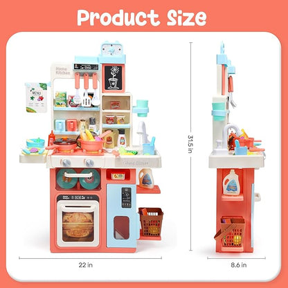 HOLYFUN Kids Kitchen Playset, Kitchen Set for Toddler with Sound and Light, Cooking Stove with Steam, Play Sink and Toy Kitchen Accessories, Pretend Kitchen Toys for Kids Girls Boys, Pink