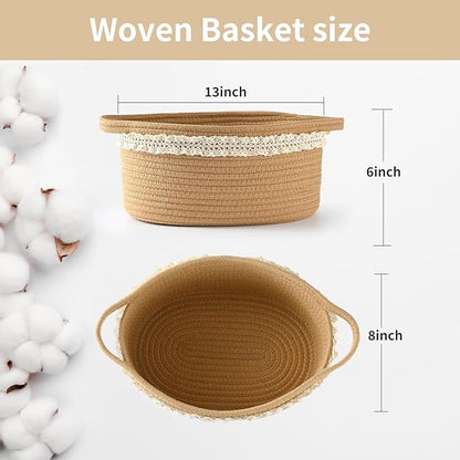 Happyiren Brown Woven Cotton Rope Storage Basket with Lace Trim, Collapsible Toy Organizer, 13" D x 8" W x 6" H, Decorative Basket for Nursery