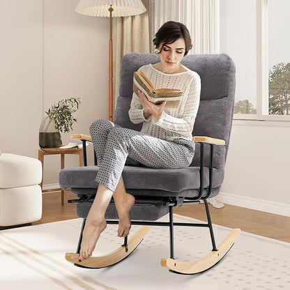Rocking Chair with Footrest-Glider Rocker Chair with Retractable Footrest and Adjustable Backrest, Teddy Upholstered Rocking Chair, Modern Accent Chair for Living Room/Nursery/Bedroom/Outdoor-Grey