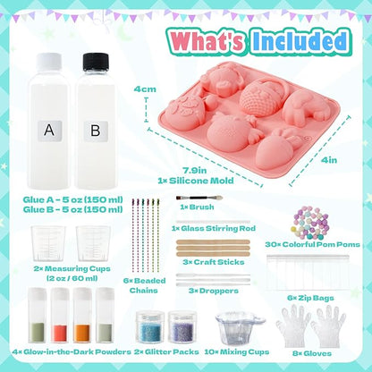 Crelloci Glow in the Dark Squishy DIY Kit for Kids 6+, Easter Animal Squishy Making Craft Set with Silicone Mold, Glow Powder, Glitter & Charms, Sensory Fidget Toy, Easter Basket Stuffer Gift