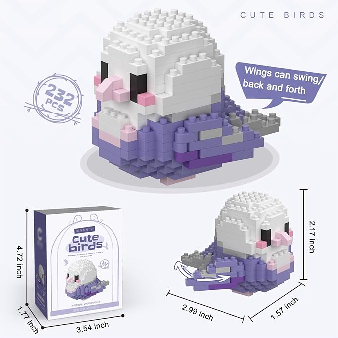 Birds Building Blocks for Adults Mini Building Blocks Birds Building Bricks Toy Micro Block Building Set Gift for Kids and Adults-232 PCS(Purple Cockatiel)