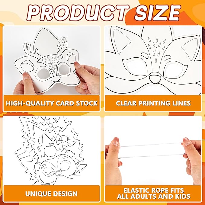 36 Set Fall Thanksgiving Animal Coloring Mask Paper Art Craft Kids Color Your Own Animals Blank DIY Mask Masquerade Birthday Party Dress-Up Decoration Favor School Classroom Activity Game Supplies