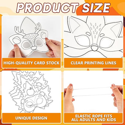 36 Set Fall Thanksgiving Animal Coloring Mask Paper Art Craft Kids Color Your Own Animals Blank DIY Mask Masquerade Birthday Party Dress-Up Decoration Favor School Classroom Activity Game Supplies