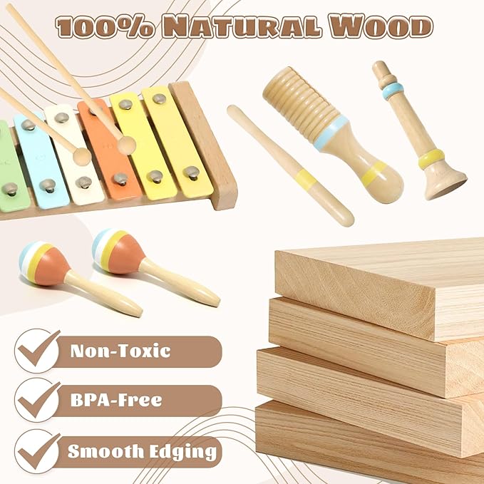 Musical Instruments for Toddlers 1-3, Wooden Montessori Musical Toys Set for Baby 1 Year Old with Boho Xylophone/Drum, Kids Preschool Educational Christmas Birthday Gifts for Girl Boy