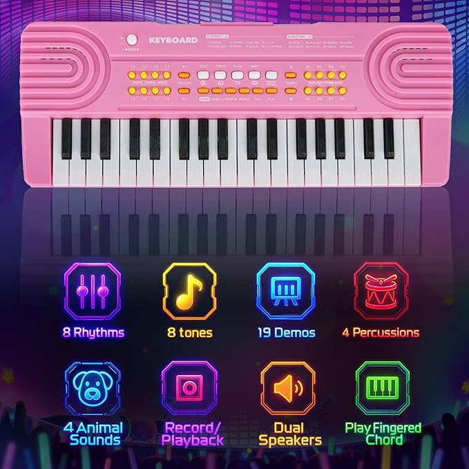 Upgraded Piano Keyboard Kids Toy for 4 Year Old Girl Birthday Gift 37 Key Pink Pianos with Microphone Toddler First Music Instrument Toys for 3 4 5 6 7 Year Old Boys Girls Gifts