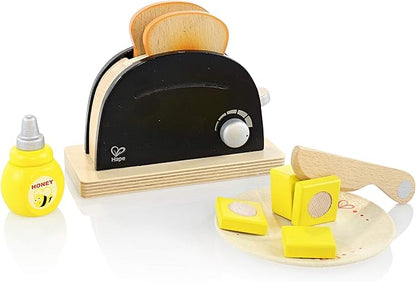 Hape Wooden Black Pop up Toaster Set| Pretend Play Kitchen Playset with Toast, Butter and Honey for Preschoolers Ages 3 Years and Up