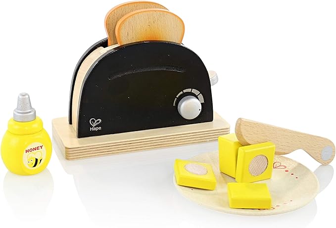 Hape Wooden Black Pop up Toaster Set| Pretend Play Kitchen Playset with Toast, Butter and Honey for Preschoolers Ages 3 Years and Up