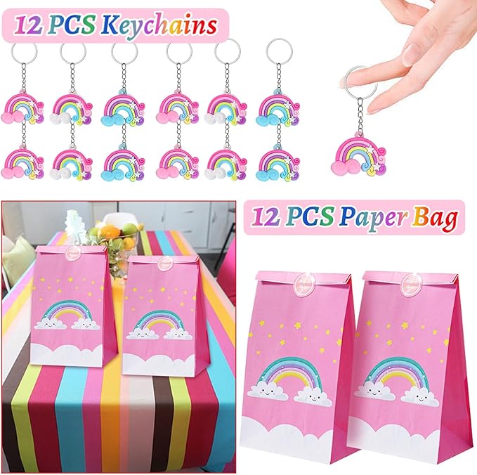 Rainbow Party Favors 110 PCS Slap Bracelets, Button Pins, Stickers, Temporary Tattoos, Key Chains and Gift Bags Girl Boy Kids Baby Shower Rainbow Unicorn Cloud Birthday Party Supplies Decorations