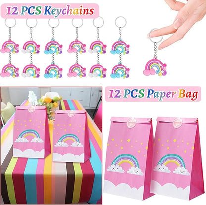 Rainbow Party Favors 110 PCS Slap Bracelets, Button Pins, Stickers, Temporary Tattoos, Key Chains and Gift Bags Girl Boy Kids Baby Shower Rainbow Unicorn Cloud Birthday Party Supplies Decorations