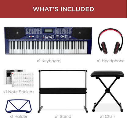 Best Choice Products 61-Key Beginners Complete Electronic Keyboard Piano Set w/Lighted Keys, LCD Screen, Headphones, Stand, Bench, Teaching Modes, Note Stickers, Built-In Speakers - Blue