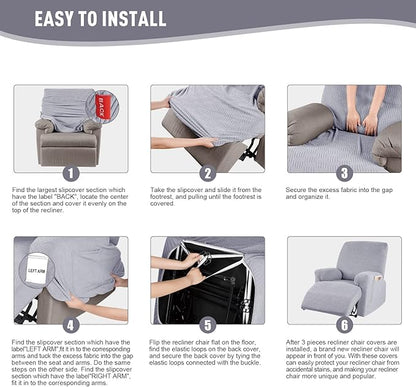 KinCam Recliner Covers, Stretch Reclining Chair Covers, Recliner Sofa Slipcovers Stripe Jacquard Recliner Couch Covers Furniture Protector Covers for Pet Kid (1 Seater, Misty Gray)