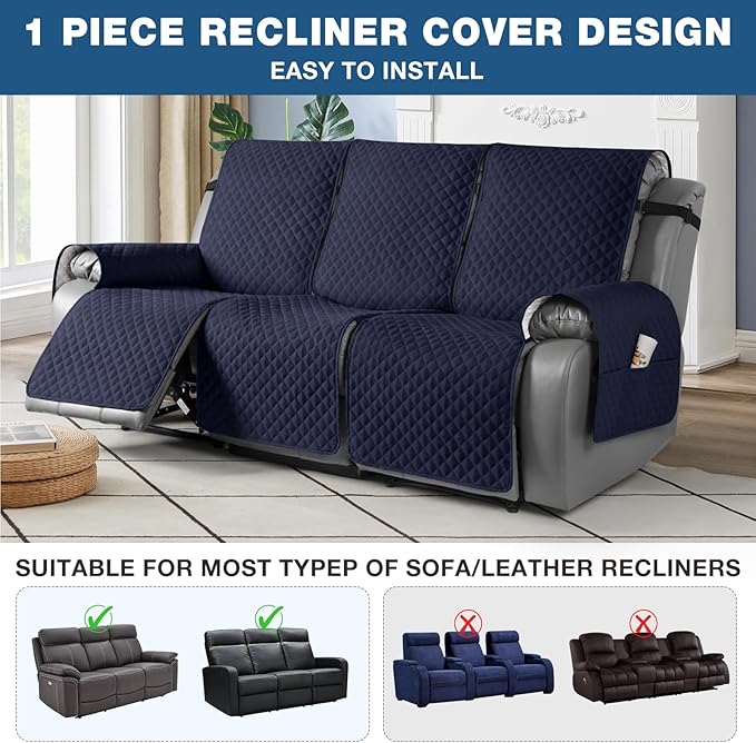 TAOCOCO Waterproof Recliner Couch Covers Sofa Slipcover for 3 Cushion Couch, Pet Sofa Cover for 3 Seat Recliner, Washable Reclining Sofa Cover Furniture Protector with Straps(3 Seater, Dark Blue)