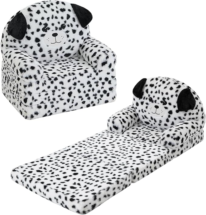MOONBEEKI Comfy Toddler Chair, Kids Couch Fold Out to Lounger, Foldable Baby Sofa Plush for Girl and Boy Age 18 Months and Up （Dalmatian）