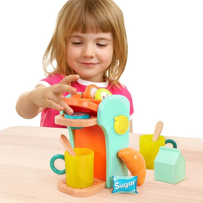 B. toys- Café au Play- Pretend Play Wooden Coffee Maker for Kids- Wooden Coffee Machine Set – 10 Pretend Play Accessories – Kitchen Play Set – 2 Years +