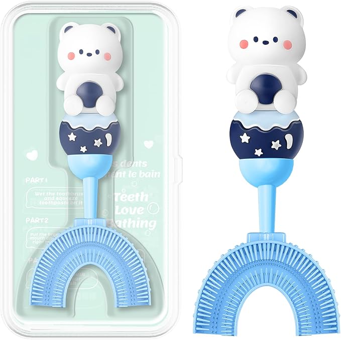 Toddler U-Shaped Toothbrush for 2-6 Years, Training Toothbrush, Kids Toothbrush, Food Grade Soft Silicone Brush Head, 360° Oral Teeth Cleaning Design for Kids, U-Shape Toothbrush for Kids (Blue)