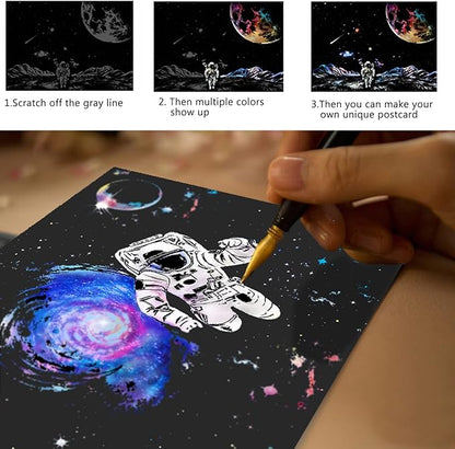 3 Pack Scratch Art Paper Set (16"x11.2") Space Series Series Creative Rainbow Sketches Engraving Craft Kit for Kids & Adults - Cosmos, Astronauts, Starry Sky Painting - 5 Tools: Drawing Pens, Brush