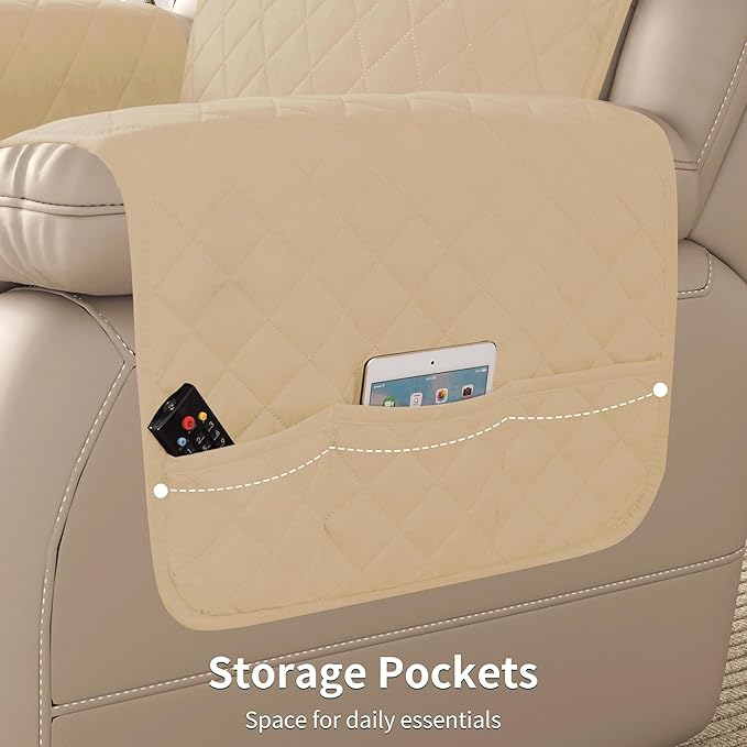 CHUN YI Recliner Chair Cover, Non-Slip Recliner Covers That Stay in Place, Washable Lazy Boy Recliner Covers with Pockets, Water Resistant Recliner Slipcover for Pets (Sand, Small Recliner)