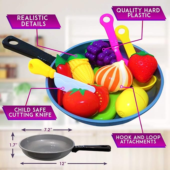 Play Cooking Pan with Cutting Fruits & Vegetables and Play Kitchen Utensils - Slice up Food with Knife & Cutting Board – Cooking Toyset for Toddlers Boys and Girls - Fake Food Pretend Pot Toy Kitchen