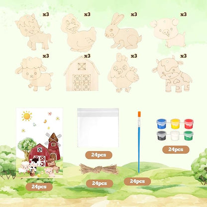 24 Pcs Farm Party Favors Wooden Painting Craft Kits Birthday Party Supplies with Organza Bag for Goodie Bags Fillers Adult Thank You Gifts
