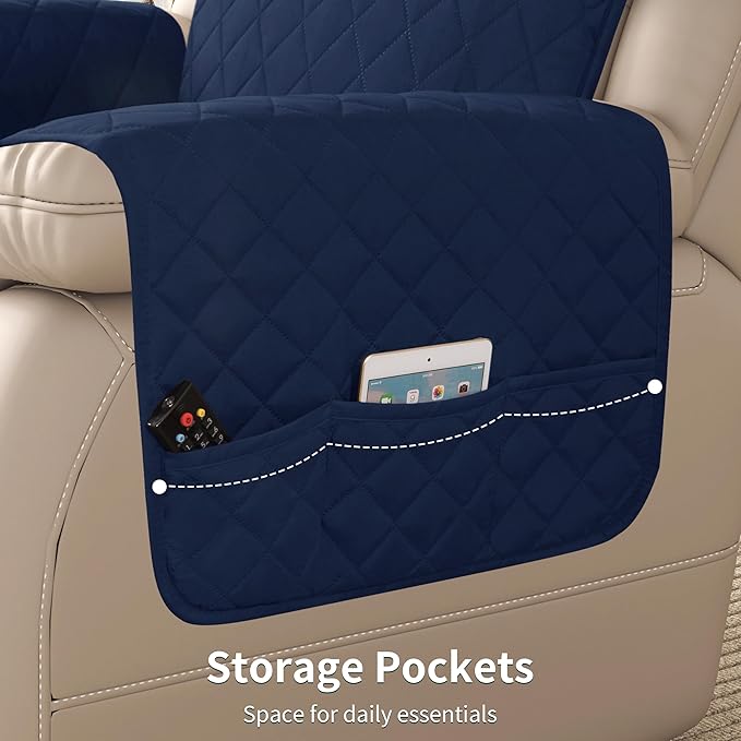 CHUN YI Recliner Chair Cover, Non-Slip Recliner Covers That Stay in Place, Washable Lazy Boy Recliner Covers with Pockets, Water Resistant Recliner Slipcover for Pets (Navy, Large Recliner)