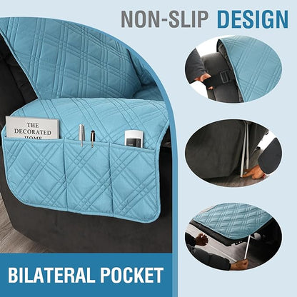 H.VERSAILTEX 100% Waterproof Recliner Covers for Recliner Chair 1-Piece Reversible Recliner Covers for Large Recliner with Elastic Straps Sitting Width Up to 28" (Oversized Recliner, Smoke Blue/Beige)